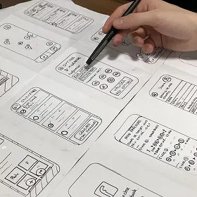 Korak 2 – Načrtovanje rešitve in prototipiranje digitalnega produkta. Oseba riše mrežnate modele na papir.
